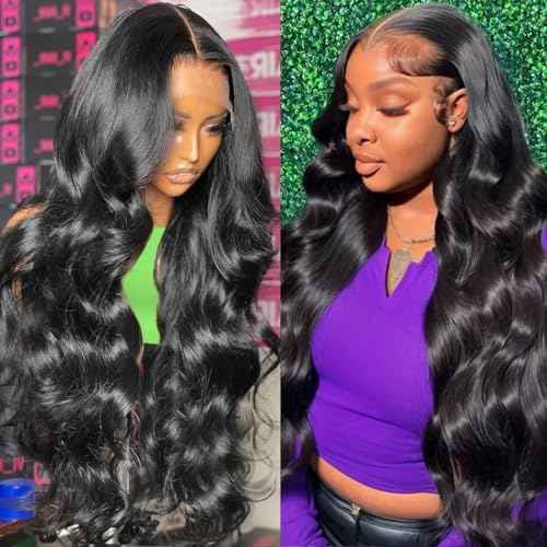 SWEETGIRL Human Hair Body Wave Wig 13x6 HD Lace Front Wig, Pre Plucked, Natural Black, 26 Inch, 180 Density