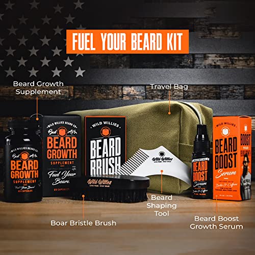 Wild Willies Beard Grooming Kit - Beard Growth Serum, Boar Bristle Brush, Supplement, and Travel Bag