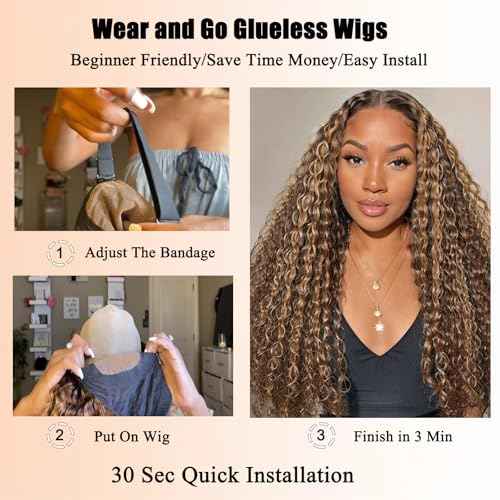 Ombre Highlight Glueless Wigs Human Hair Pre Plucked Pre Cut Curly Closure Wear and Go Glueless Wigs Human Hair Middle Part Balayage Water Wave Lace Frontal Human Hair Wigs for Black Women 4/27 20Inch