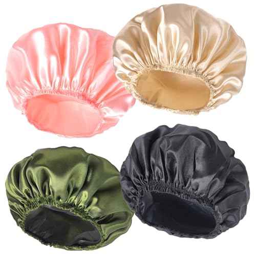 Shower Caps for Women, 4 PCS Elastic and Reusable Bath Caps, Double Layers Shower Cap Reusable Waterproof, Bathing Shower Caps, Environmental Bath Hair Protection Cap - Solid Color B