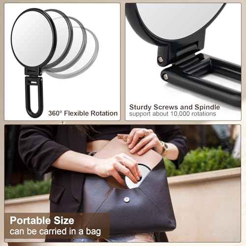 BOOMIBOO 1X/10X Magnifying Handheld Mirror Double Sided, Foldable Travel Makeup Mirror, Adjustable Rotation Pedestal Hand/Hanging/Desk Vanity Mirror-Black