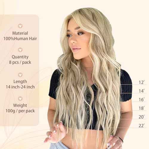 Sassina Clip in Human Hair Extensions 18 Inch Double Skin Weft Clip ins Hair Extensions Golden Blonde to Medium Blonde Invisible Natural Straight Human Hair Full Head 8 Pcs 120 Grams #P16/22