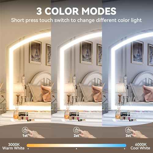 Hasipu Arch Vanity Mirror with Light, 32" x 24" Arched Led Makeup Mirror with 10X Magnification, Tabletop Desk Mirror, Dimmable 3 Colors Mode