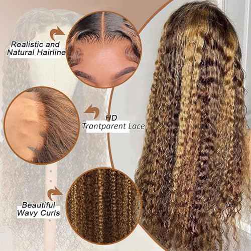 24 Inch Highlight Ombre Deep Wave Lace Front Wigs Human Hair Wig 13x6 Honey Blonde Wig Human Hair HD Glueless Deep Wave Wig 4/27 Colored Wet and Wavy Curly Wig Baby Hair for Women