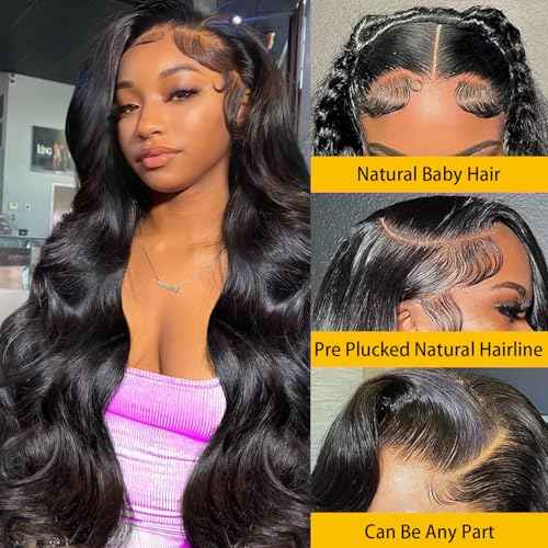 Anderah 13x6 Body Wave Lace Front Wigs Human Hair 13x6 HD Lace Glueless Human Hair Wig Pre Plucked Natural Hairline Brazilian Human Virgin Hair Long Black Body Wave Wig for Women 180% Density 30Inch