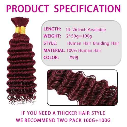 Burgundy Human Braiding Hair 22 Inch Deep Wave Bulk Human Hair for Braiding No Weft 2 Bundles 100g Curly Braiding Hair Brazilian Curly Human Hair Extensions for Boho Braids 99J Red Braiding Hair