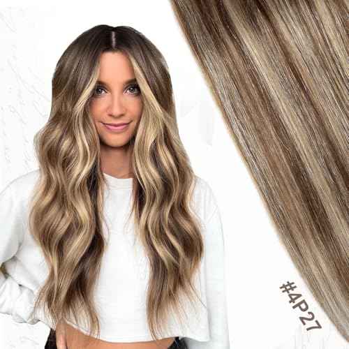 XDhair Clip In Hair Extensions Remy Human Hair Medium Brown #4 Mixed to Caramel Blonde #27 Clip In Real Hair Silk Stright 120g 6Pcs (#4P27,18Inch)