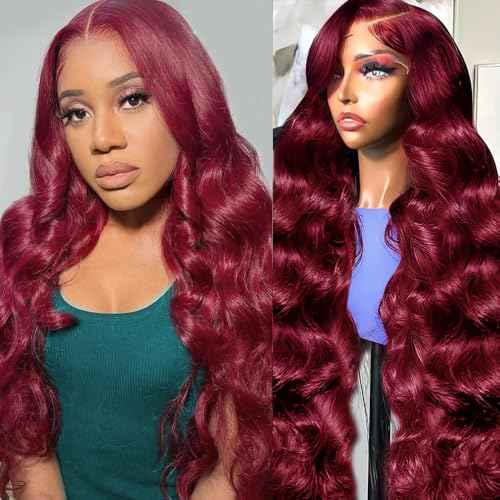 24 Inch 99j Burgundy Lace Front Wigs Human Hair 13x4 HD Red Burgundy Body Wave Wig Human Hair 200 Density Body Wave Lace Front Wigs Pre Plucked Glueless Frontal Wigs for Women