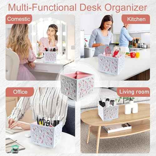360 Rotating Makeup Brush Holder with Butterfly Cutout, Wooden Makeup Organizer for Vanity - 4 Compartment Spinning Desk Organizer for Pens, Lipsticks, Eyebrow Pencils