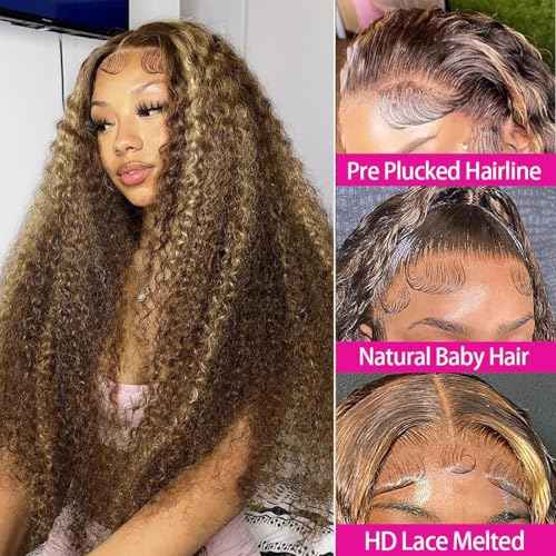 22 Inch Highlight Ombre Deep Wave Honey Blonde Lace Front Wigs Human Hair Pre Plucked 13X6 Transparent HD Lace Front Wigs Human Hair for Women 180% Density Curly Wig Blonde Wig
