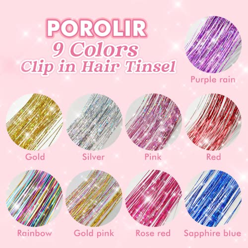 Clip in Hair Tinsel Kit, POROLIR 6Pcs Glitter Fairy Tinsel Hair Extensions 20 Inch Shiny Hair Tinsel Heat Resistant, Sparkly Strands Hair Accessories, Festival Gift for Women Girls Kids, Sapphire Blue