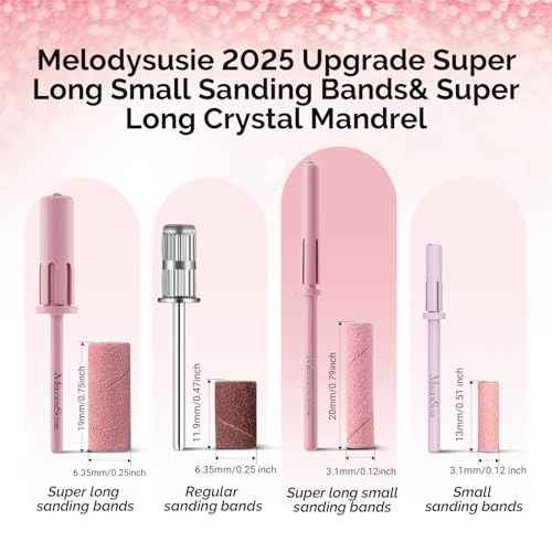 MelodySusie 50 Pcs Nail Drill Bits Super Long Small Sanding Bands with 3.1mm Crystal Mandrel Bit, 180 Fine Grit Nail File for Acrylic Nails Gel Manicures and Pedicure, Pink