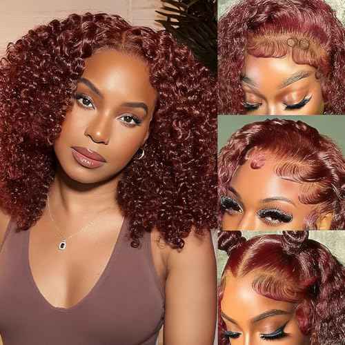 18 Inch Reddish Brown Curly Bob Wig Human Hair 13x6 Frontal Lace Wig 200% Density Lace Front Wigs Human Hair Pre Plucked Bob Wigs for Black Women 33#