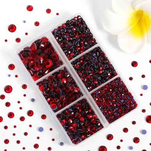 Hotfix Rhinestones 3960pcs, Red Rhinestone for Clothes, Hot Fix Crystals Rhinestones with Tweezers and Wax Pencil Kit,Mixed 5 Sizes, SS6-SS30, Siam