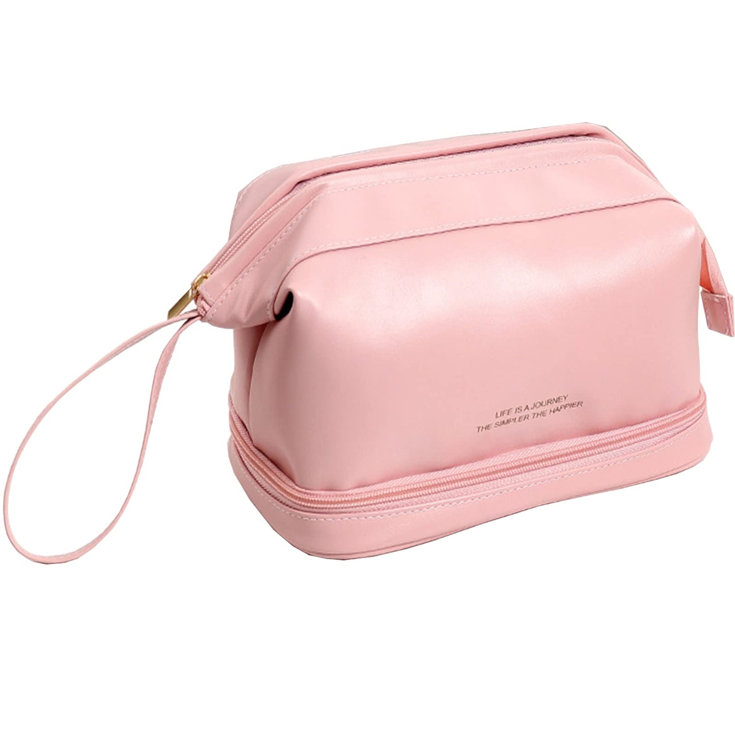 AUSEKALY Makeup Bag Travel Cosmetic Bag Double Layer Leather Toiletry Bag With Brush Bag For Women Girl High Capacity Make Up Bag Portable Waterproof Makeup Pouch Pink