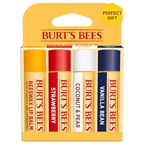 Burt's Bees Lip Balm Easter Basket Stuffers - Beeswax, Strawberry, Coconut and Pear & Overnight Intensive Lip Treatment, 0.25 oz - Moisturizing, Restorative