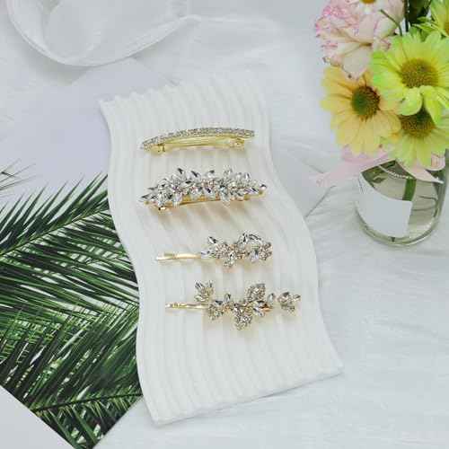 4 Pieces Rhinestone Hair Clips Gold Leaf Wedding Hair Pins Crystal Bobby Pins Silver Bridal Hairpin Barrette for Brides Bridesmaids Flower Girls