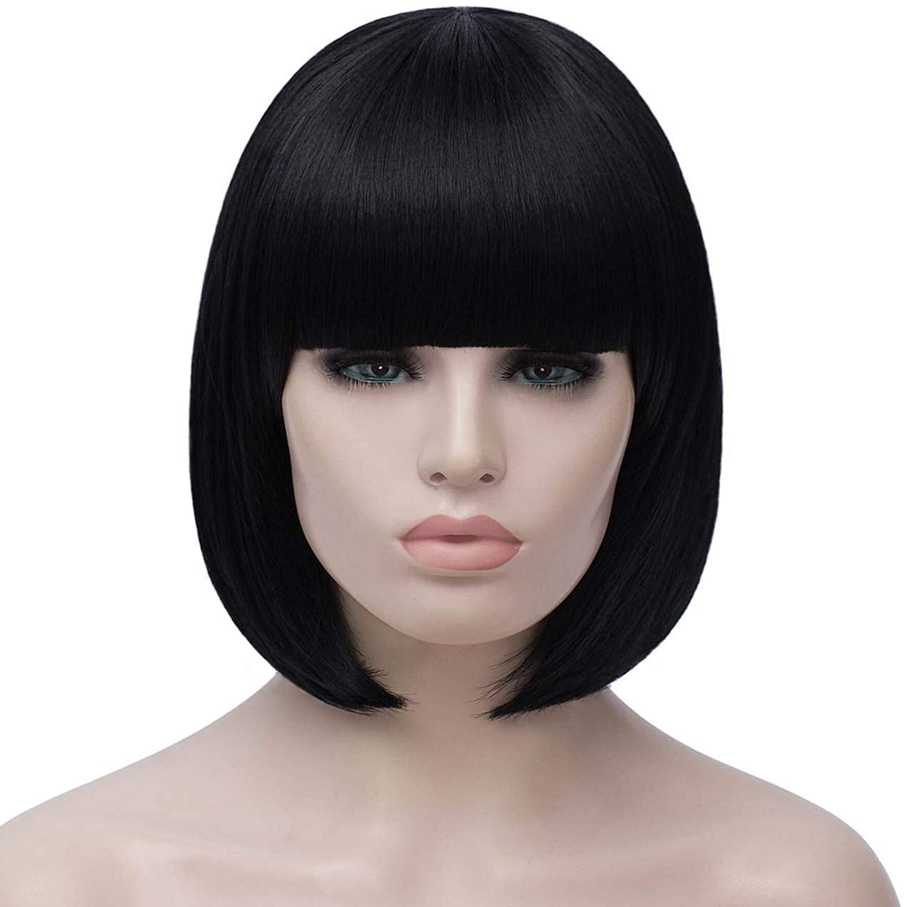 Bopocoko Black Bob Wigs for Women, 12'' Short Black Hair Wig with Bangs, Natural Fashion Synthetic Wig, Cute Colored Wigs for Daily Party Halloween BU027BK