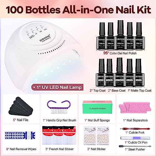 JODSONE 100 Bottles of Gel Nail Polish Kit with U V Led Light 95 Multiple Glossy Glitter Colors Mint Green Light Pink Nail Gel Base Coat Glossy and Matte Top Coat