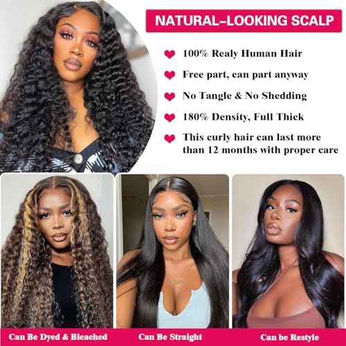 24 Inch Deep Wave Lace Front Wigs Human Hair 13x6 HD Lace Frontal Wigs Human Hair Pre Plucked Natural Color Glueless Wig 180% Density Deep Curly Wigs for Black Women