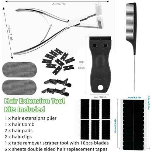Tape in Hair Extension Tools Kit, Professional Flat Surface Stainless Steel Tape in Hair Extensions Sealing Clamp Plier,Tape Remover Scraper Tool,Hair Clips, Hair Extensions Styling Tools(Silvery Set)