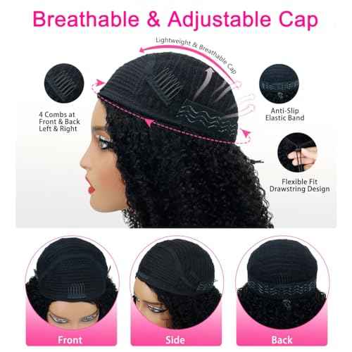 Kinky Curly Half Wig Human Hair 200% Density 3 In 1 Seamless Flip Over Half Wigs Human Hair Glueless Wear and Go Beginner Friendly Kinky Curly Wig Human Hair Drawstring Headband Wig for Women 20 Inch