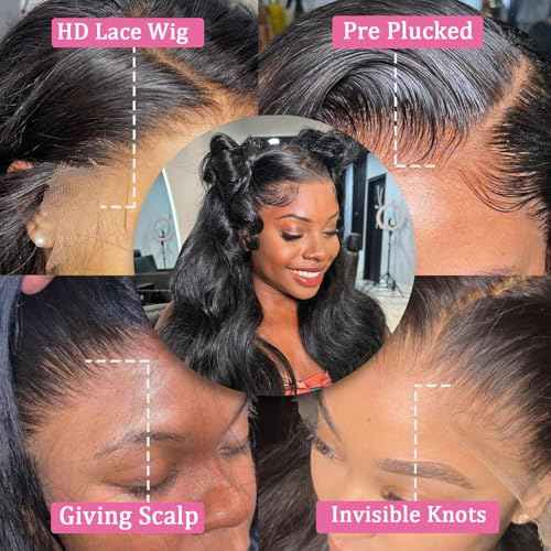 13x6 Lace Front Wigs Human Hair 180 Density Body Wave HD Lace Frontal Wigs Pre Plucked with Baby Hair Glueless Wig for Women 24Inch