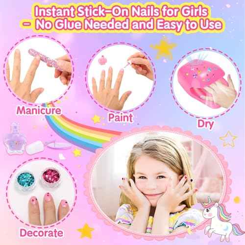 Kids Nail Polish with Press on Nails Set for Girls, Non-Toxic Nail Art Kit with Portable Dryer and Unicorn Case, Cute Stuff Gift Toys for Girls Age 8 -12