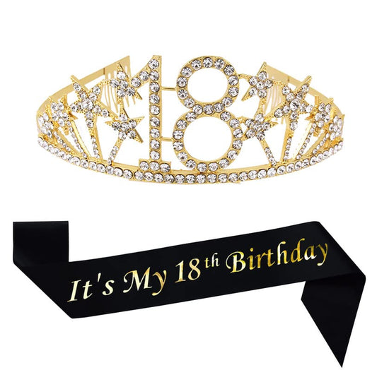 Happy 18th Birthday Tiara and Sash Gifts Crystal Rhinestone Princess Crown Birthday Girl Party Favor Supplies Gold Crowns Black Sash