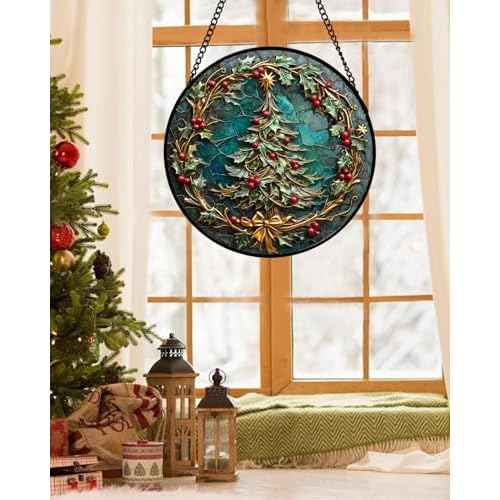Stained Glass Window Hangings - Red Gold Green Wreath Suncatcher for Door Home Christmas Tree Decoration Sun Catcher Thanksgiving New Year Birthday Gift for Women Men Mom Grandma 6.3 in