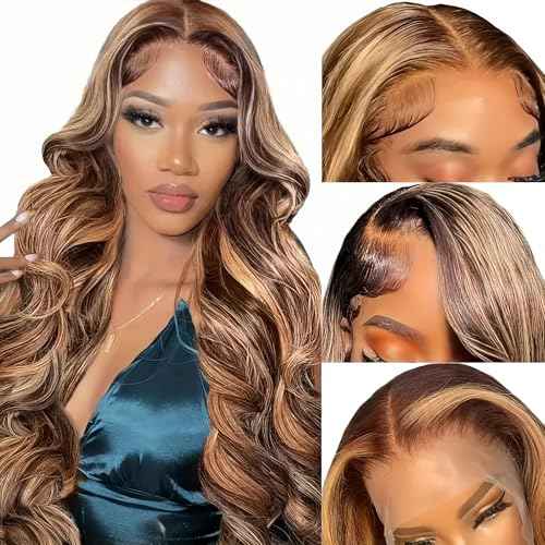 24 Inch Highlight Ombre 13x6 Lace Front Wig Human Hair Body Wave Honey Blonde Glueless HD Transparent Lace Frontal Wigs for Women 200% Density Human Pre Plucked with Baby Hair
