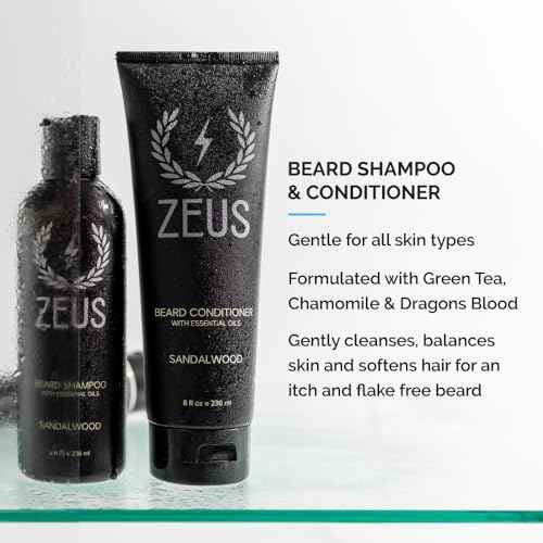 ZEUS Everyday Beard Care Kit for Men, Beard Shampoo, Conditioner, Refined Oil & Styling Balm, Softens, Hydrates, Tames & Strengthens (Made in USA) Sandalwood