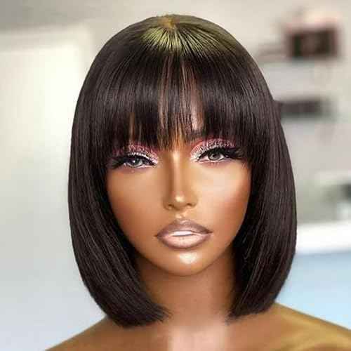 Straight Short Bob Natural Black HD Lace Front Wigs with Baby Hair 13X4 Glueless Human Hair Bangs Pre Plucked with Bleached Knots 180 Density for Black Woman 10 Inch