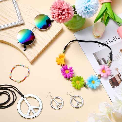 Batiyeer 6 Pcs Hippie Costume Accessories Set, Boho Peace Sign Daisy Flower 60s 70s Party Favors Decor for Groovy Party Women(Sliver)