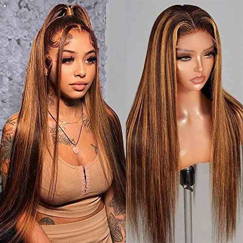 Flady Highlight Ombre Lace Front Wig Human Hair Pre Plucked 4/30 Colored Honey Blonde HD Lace Frontal Wigs For Women180 Density Straight Glueless Wigs Human Hair