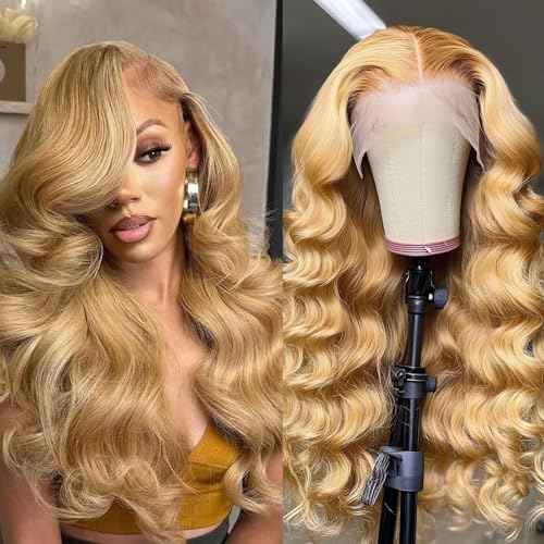 DEWELLY Honey Blonde Wig Human Hair 200% Density Body Wave 5x5 HD Lace Front Wig Human Hair Pre Plucked #27 Colored Body Wave Lace Closure Wigs for Women with Baby Hair 24 Inch