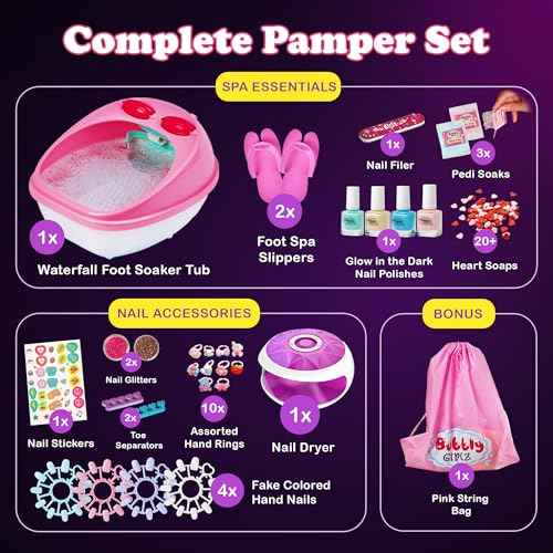 Glow in Dark Kids Spa Day Kit for Girls, 42+ Pieces Waterfall Foot Spa Toys, Nail Spa Kit, Pedicure Manicure Accessories, Perfect Spa Kit for Girls Ages 6 7 8 9 10 11 12, Fun Birthday, Christmas Gifts