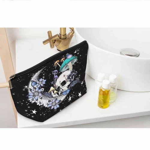 Ayxvt Gothic Hippie Skull Moon Mushroom Botanical Leaf Starry Night Corduroy Cosmetic Bag Decorative Women's Makeup Bag Zipper Pouch Travel Toiletry,Gifts for Skull Lovers Women Girls（Corduroy）