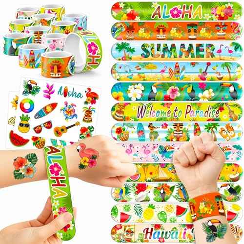 48PCS Hawaiian Party Set - 24PCS Temporary Tattoos & 24PCS Slap Bracelets - Summer-Themed Birthday Supplies, Baby Shower Gifts, Classroom Rewards & Party Decor for Kids (Boys & Girls)