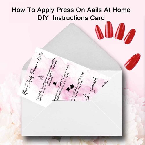 Press-On Nail Application Instructions Cards, Aftercare Instructions Cards, 50 Pack 3.5 x 2inch inch Business Card Size, DIY Press-On Nail Kit, White and Pink Design