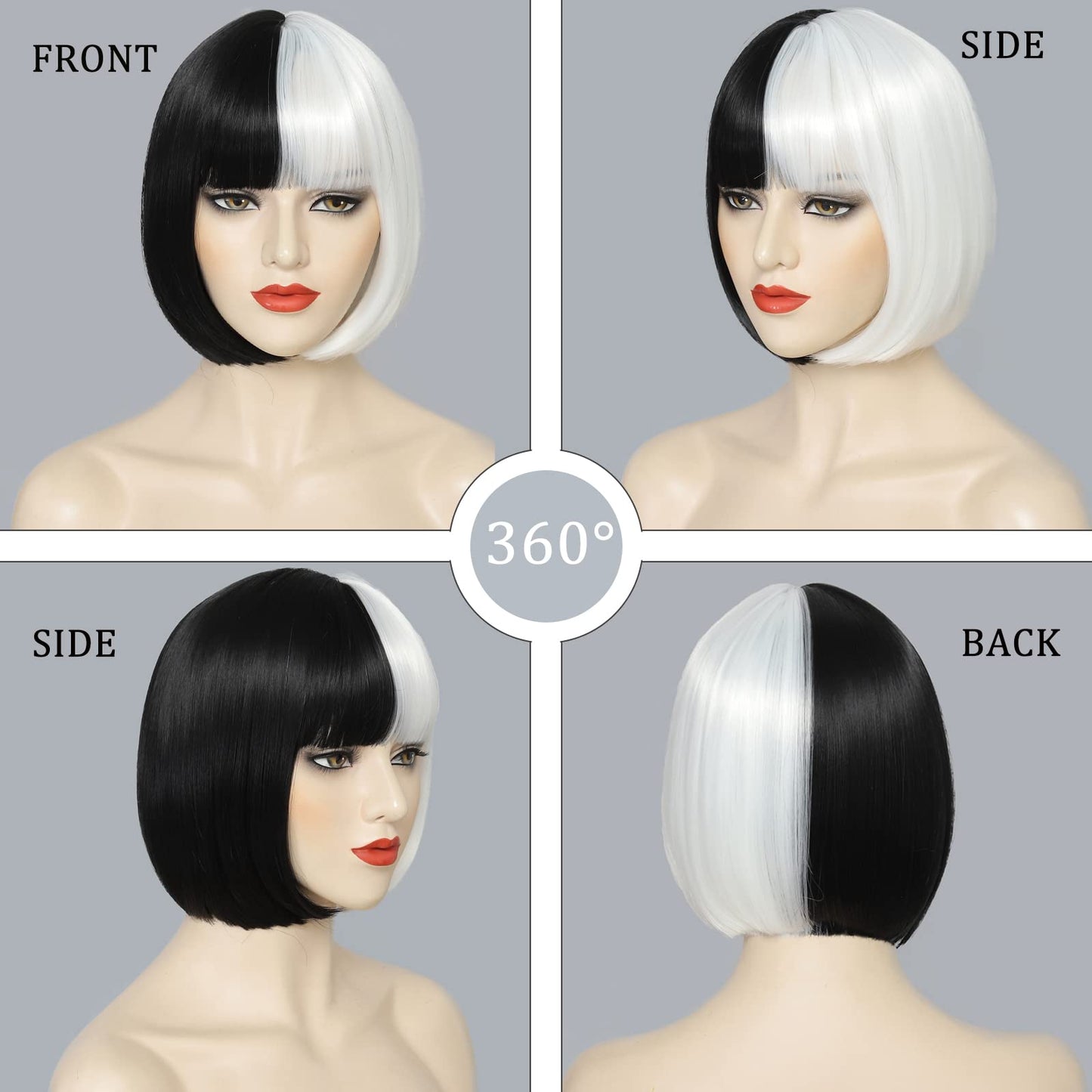 YBYMCAI Black and White Bob Wig With Bangs Cruella Deville Costume for Women Cosplay Short White and Black Bob Wigs Straight Bob Bangs Wig 10 Inch Natural Looking For Daily Party Use