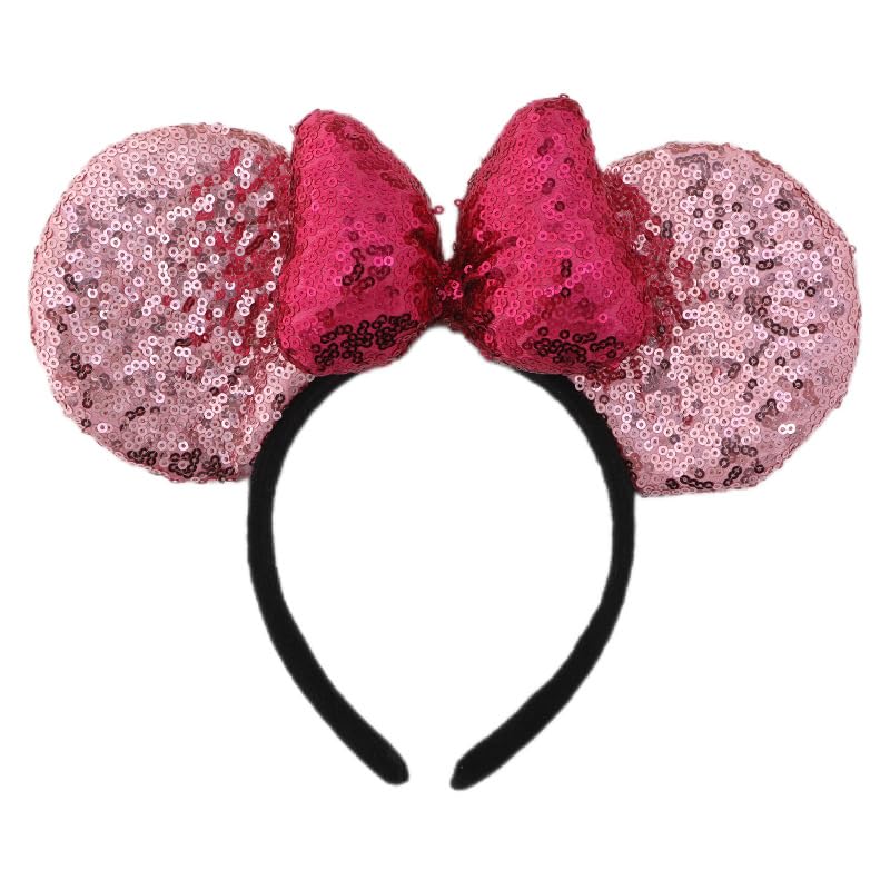 YOVECATHOU Mouse Deluxe Ear Bow Headbands Sequins Hairbands Women Hair Accessories For Cosplay Costume Party (Pink Rose Red)