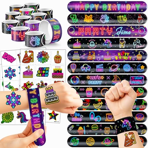 72 PCS Neon Party Set - 48 Neon Temporary Tattoos, 24 Slap Bracelets Wristbands - Fun Glow Party Supplies for Birthday, Baby Shower, Classroom Rewards, Decorations & Gifts for Kids