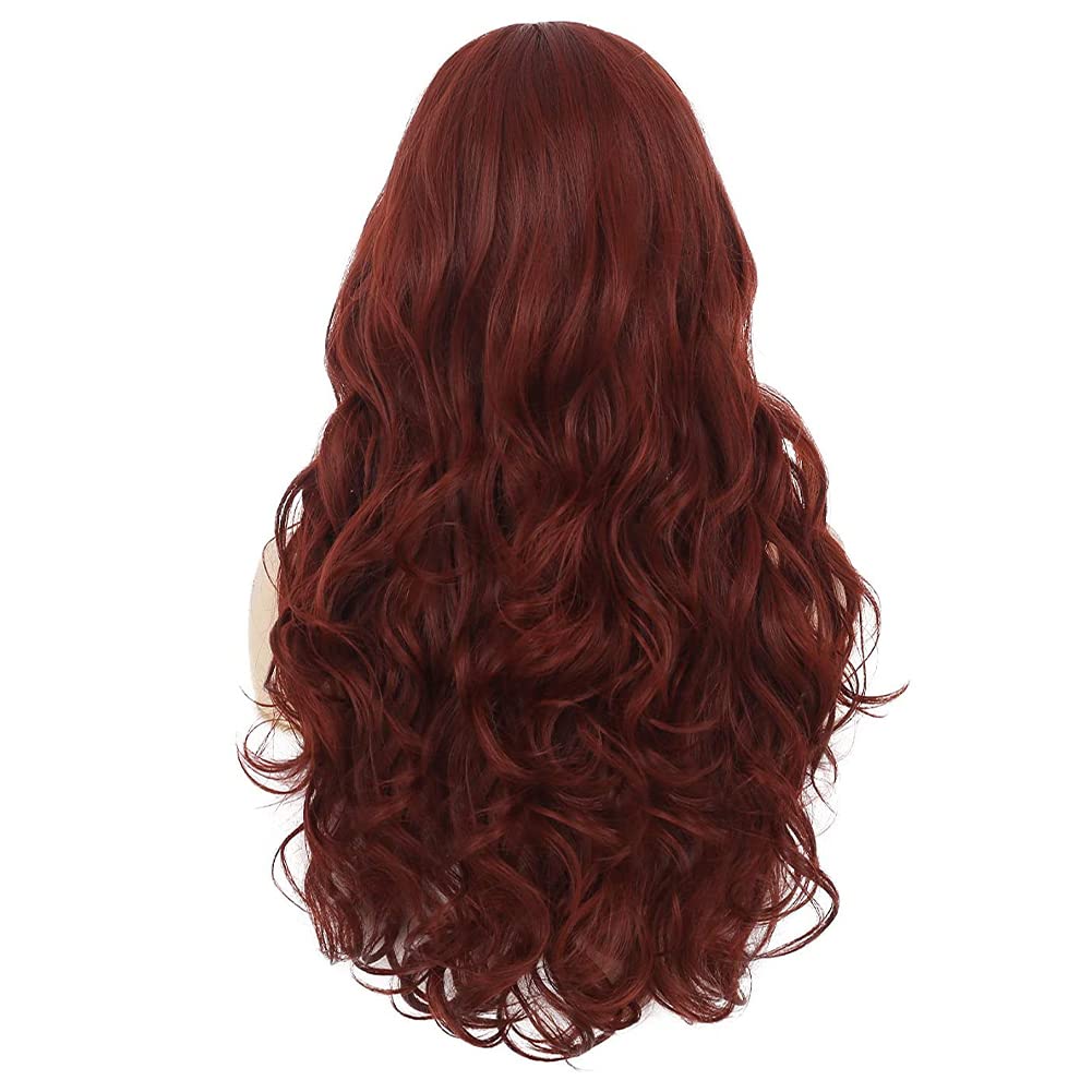 Kaneles Burgundy Curly Long Wigs for Women Wave Wig Wine Red Synthetic Wigs Middle Part Wigs Heat Resistant Fiber Halloween Cosplay Party Full Wigs(Wine Red)