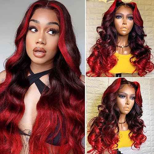 YMS Ombre Red HD Lace Front Wigs Human Hair Pre Plucked 180% Density Black and Red Human Hair Wigs for Women Body Wave Colored Skunk Stripe Glueless Wig Real Hair 20 Inch Transparent Lace Frontal Wig