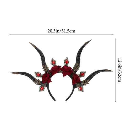 Beavorty Halloween Horn Headband Roses Garland Gothic Hairband Gothic Demon Crystal Headpieces Forest Animal Photography Props for Halloween Headdress Cosplay