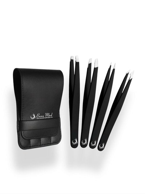 4PC Professional Tweezers Set for Men&Women–Premium Stainless Steel Precision Tweezers for Women Facial Hair Removal,Eyebrow Shaping,Ingrown Hair Extraction,Splinter&Fine Hair Grooming (BLACK)