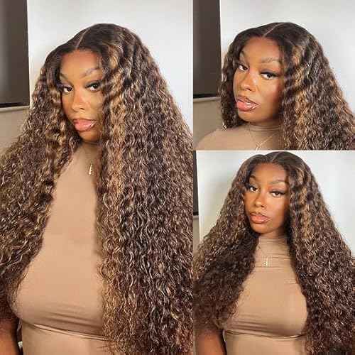 20 inch Highlight Ombre Lace Front Wig Human Hair 200 Density Honey Blonde Wig Human Hair 13x4 HD 4/27 Deep Wave Lace Frontal Wigs Pre Plucked with Baby Hair