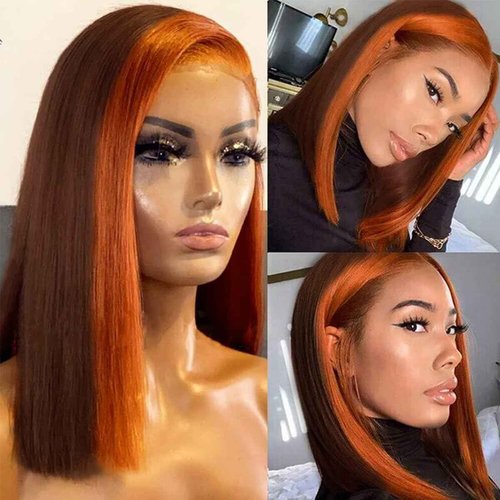 Ginger Orange Highlight Skunk Stripe Short Bob Wigs Human Hair Chocolate Brown Straight Bob Wigs Ombre 13x4 HD Lace Frontal Wigs Brazilian Virgin 150% Density Pre Plucked 8 Inch