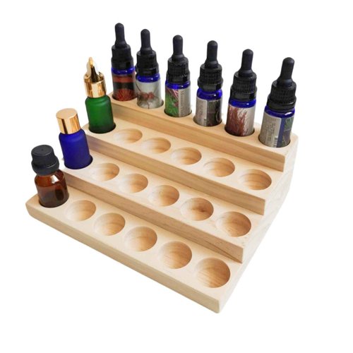 LONG TAO Essential Oil Display Stand 4 Tier Essential Oil Holder Solid Wood Essential Oil Rack for 24 Bottles Tabletop Display Holder Bottle Organizer for 5-20ml Bottles Display for Essential Oils